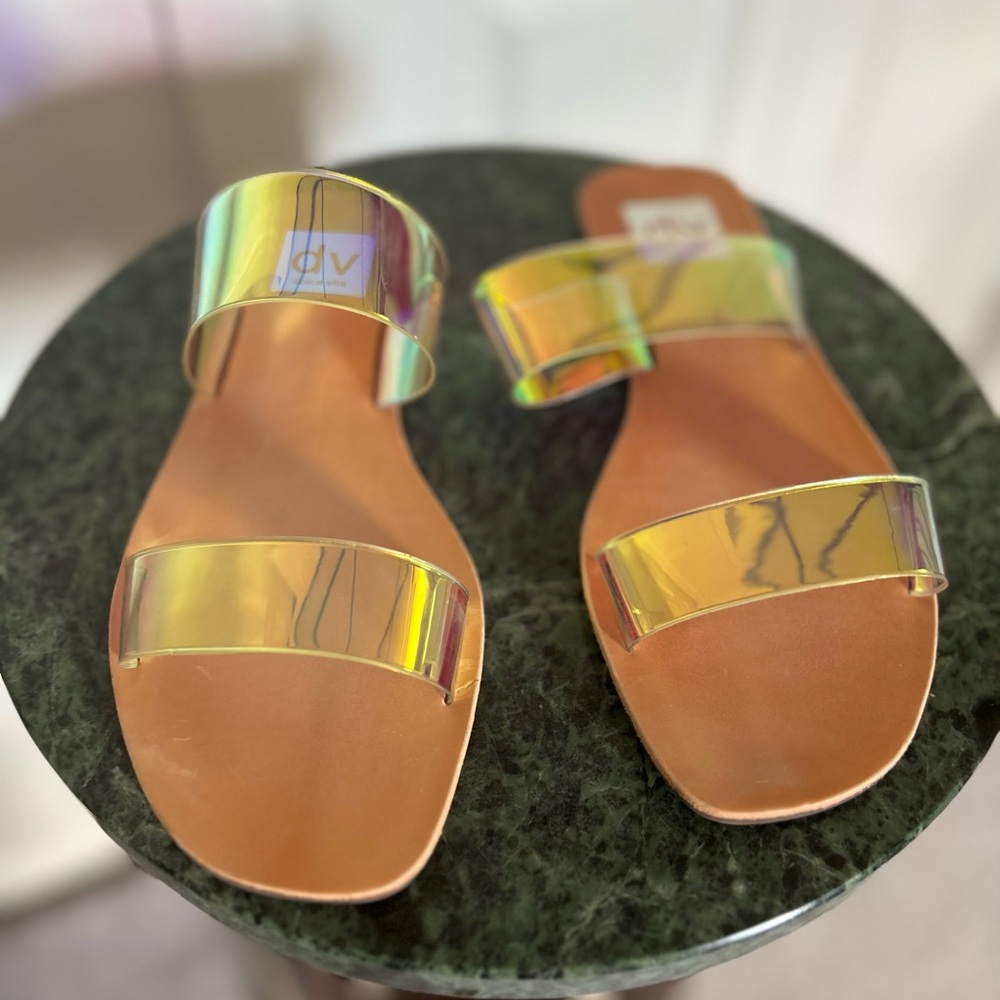 DV Dolce Vita Jane Iridescent double strap flat slide clear sandal size 6
